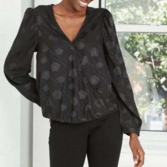  A NEW DAY | Black Floral Faux Wrap Blouse Sz. Large - Picture 1 of 9